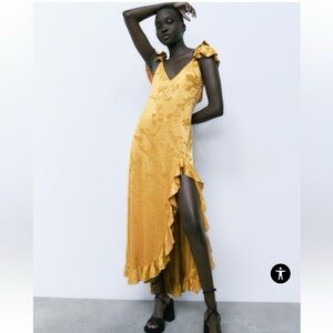 ZARA Yellow Jacquard Ruffle Dress With Slit Medium